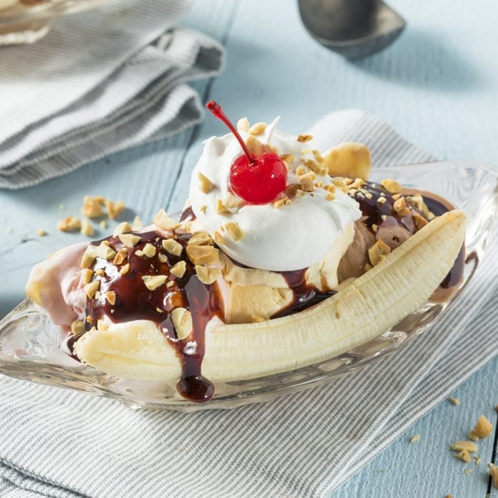Sweet Homemade Banana Split Sundae with Chocolate Vanilla Strawberry Ice Cream