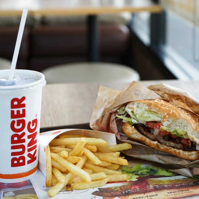Burger King Cola Cup, Potato french fries and Whopper Hamburger in Burger King restaurant.