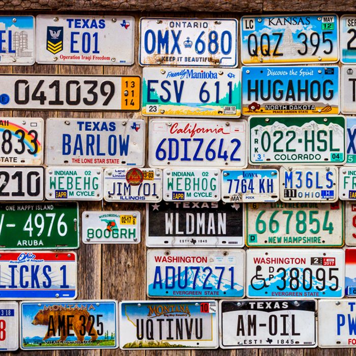 Collection of old license plates displayed on a wooden wall.