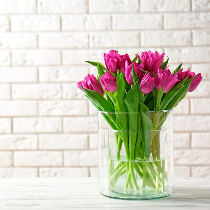 Vase of purple tulips