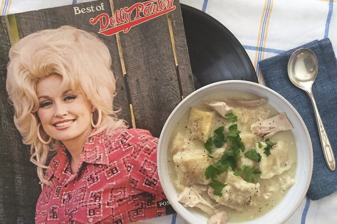 dolly parton's chicken and dumplings with her cookbook