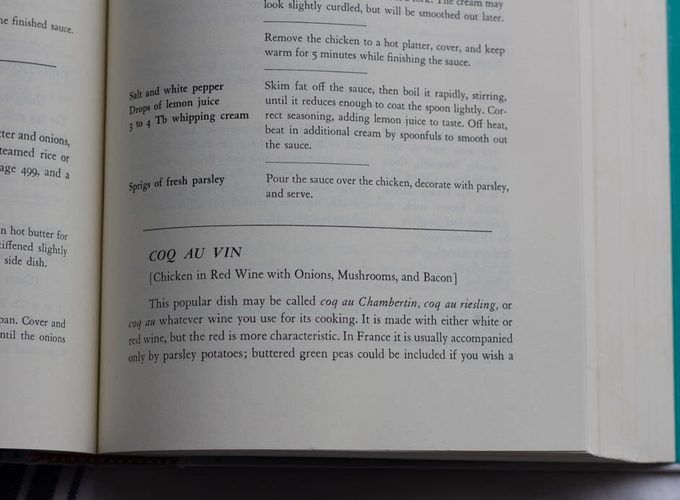 Photo of page from Mastering the Art of French Cooking showing Coq Au Vin recipe