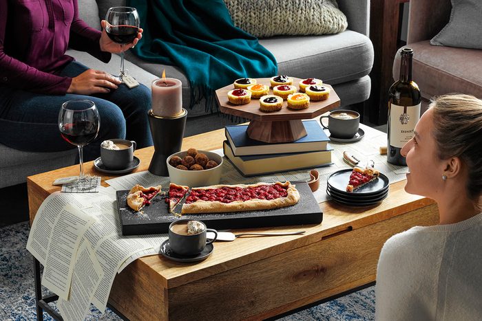 Book Club Party Setting; Chocolate-Caramel Rum Coffee; Jam-Topped Mini Cheesecakes; Rustic Chocolate Raspberry Tart