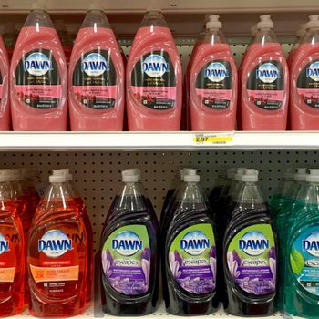Store shelf with Dawn brand dish soap in various formulations