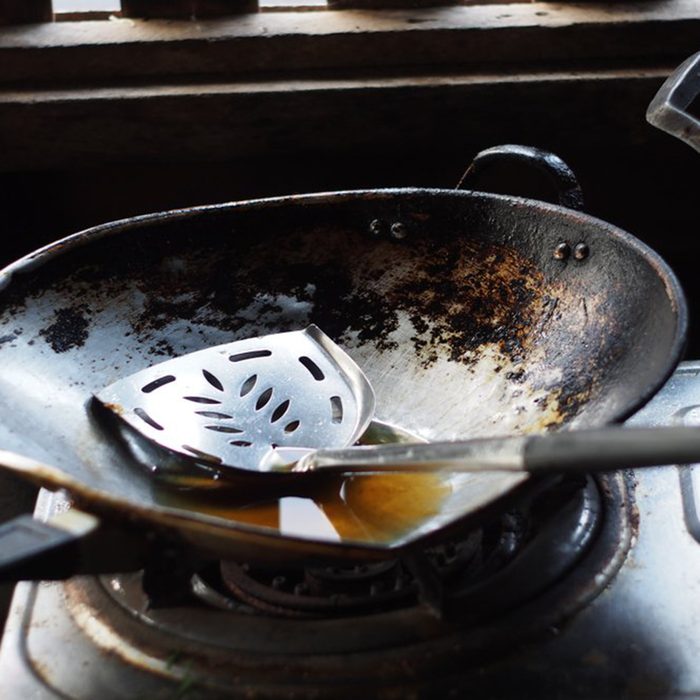 Greasy pan on a stove