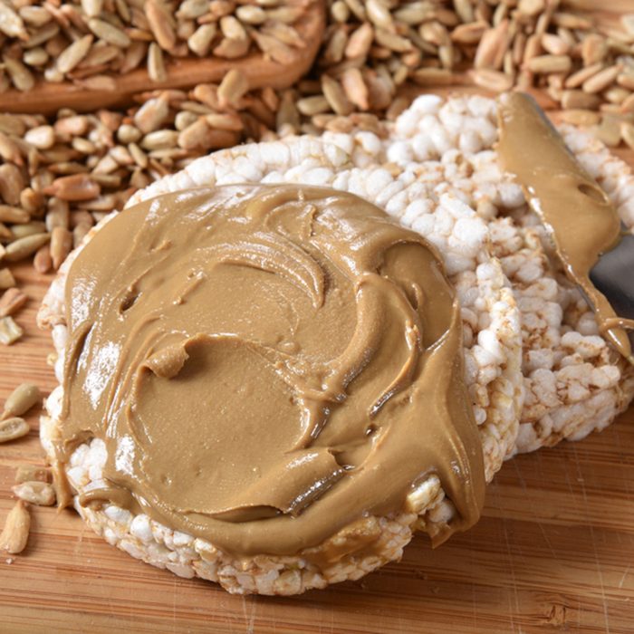 Organic brown rice cakes with healty organic sunflower seed butter.