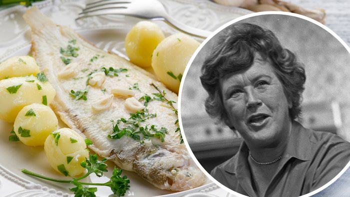 sole fish with potatoes; Shutterstock ID 67416541; Job (TFH, TOH, RD, BNB, CWM, CM): TOH Mandatory Credit: Photo by Bill Potter/Penske Media/REX/Shutterstock (6906382e) Julia Child cooking on the set of her WGBH cooking show, 'The French Chef Julia Child, Boston