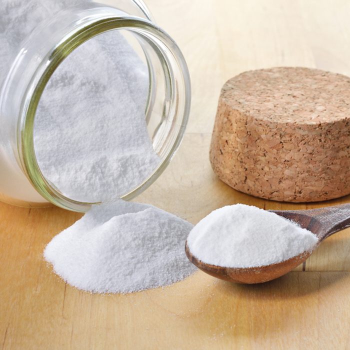 Close-up of baking soda in a glass jar