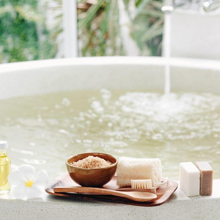Spa decoration, natural organic products on a bathtube.