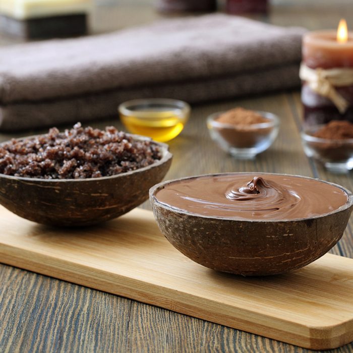 chocolate spa- and aroma therapy on wood background