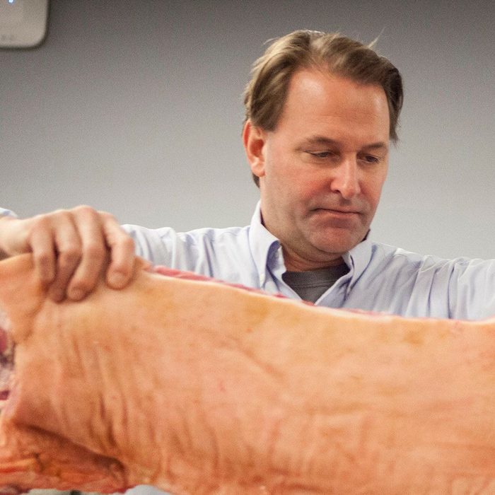 Mandatory Credit: Photo by Barry Brecheisen/Invision/AP/REX/Shutterstock (9215675r) From Left, Michael Ruhlman and Brian Polcyn lead a Good Food Master Class on Home Butchery and Curing at the 10th Annual Good Food Festival & Conference at UIC Forum on in Chicago 10th Annual Good Food Festival & Conference, Chicago, USA - 15 Mar 2014
