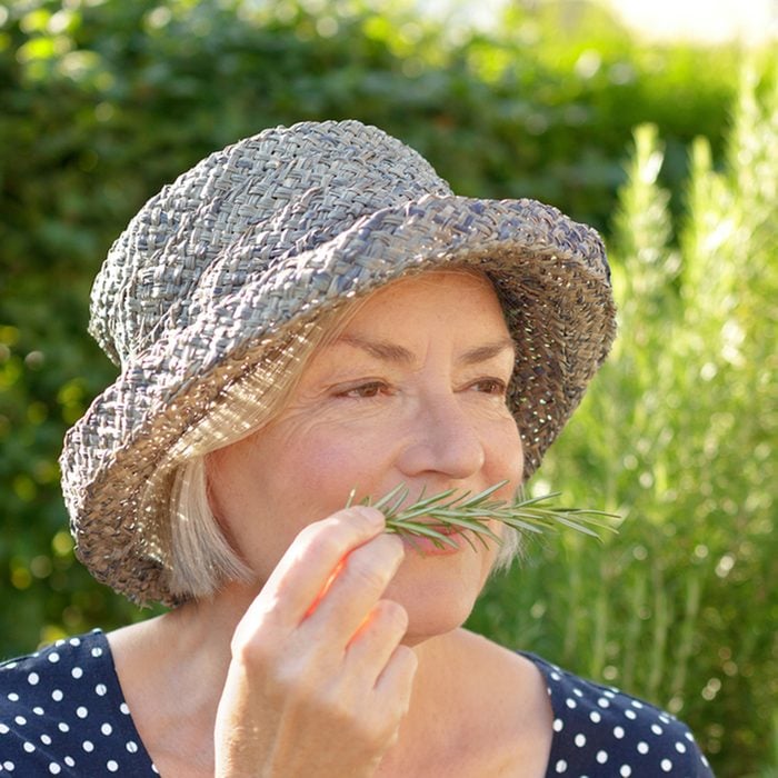 Senior woman in blue polka-dotted dress and straw hat sitting in her garden and enjoying the intense fragrance of her home grown rosemary; Shutterstock ID 629103527; Job (TFH, TOH, RD, BNB, CWM, CM): TOH