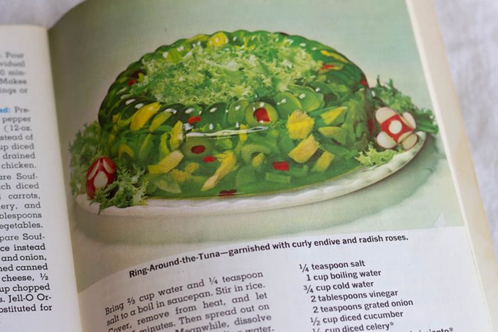 Photo of Ring Around the Tuna Jell-O mold, from the Joys of Jell-O Cookbook, 7th edition.