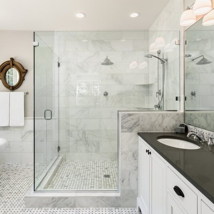 Large bathroom with a shower