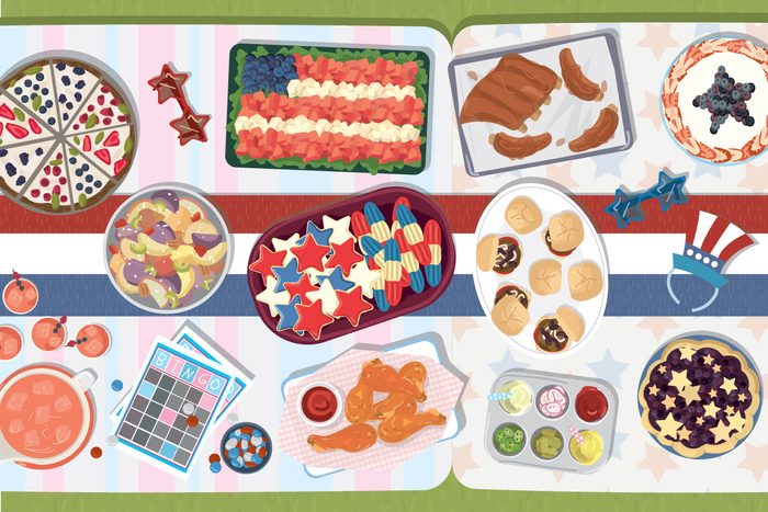 Illustration of assorted on a Fourth of July themed table with various red,white and blue objects