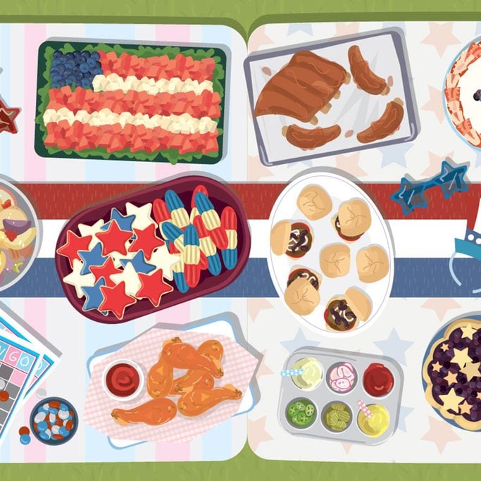 Illustration of assorted on a Fourth of July themed table with various red,white and blue objects