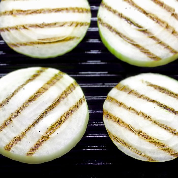 close up of grilled onion slices