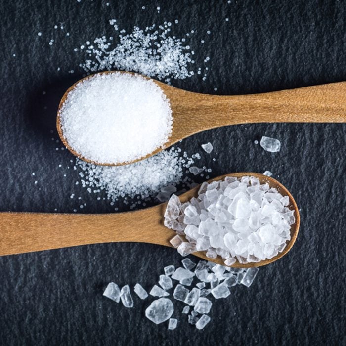 Different types of salt. Sea and kitchen salt.