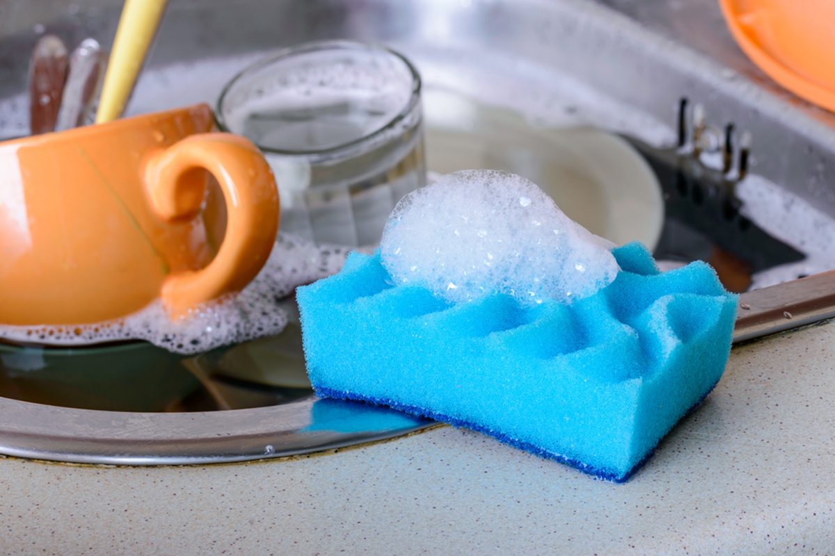 storing sponges on kitchen sink