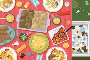 Illustration of assorted food on a picnic table