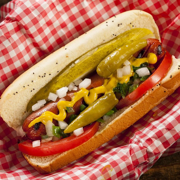 Chicago Style Hot Dog with Mustard, Pickle, Tomato, Relish and Onion;