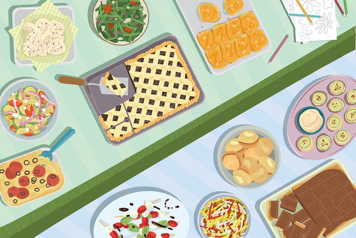 Illustration of assorted food on two tables
