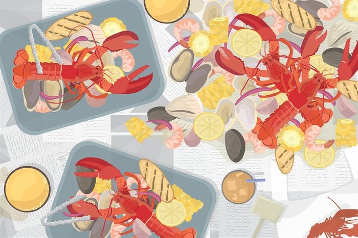 Illustration of assorted seafood on newspaper covered table