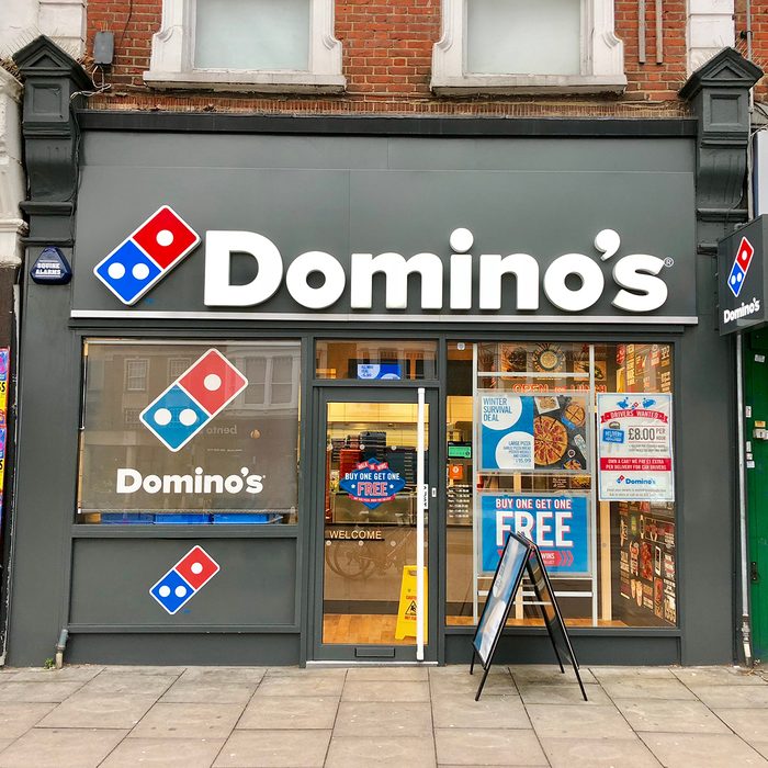 Domino’s Pizza take away pickup and delivery shop in West Hampstead, London, UK.