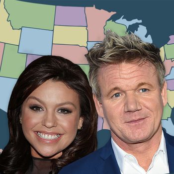Rachel Ray and Gordon Ramsay on a colored silhouette of the united states