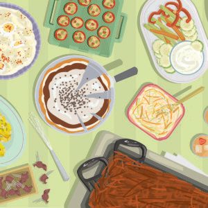 Illustration of assorted potluck food on a green table