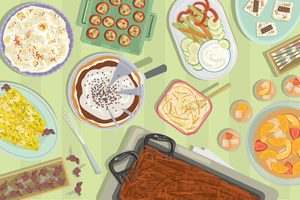 Illustration of assorted potluck food on a green table