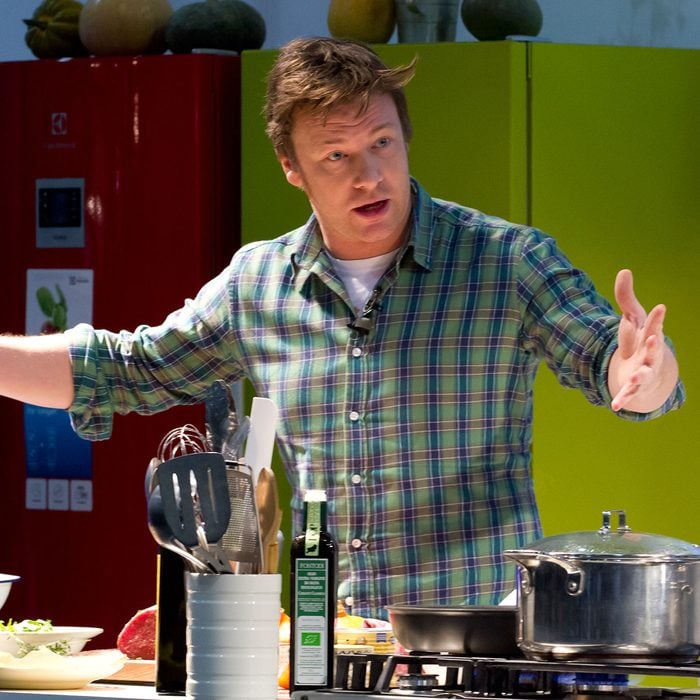 Jamie Oliver conducts a cooking demonstration at the Excel center in London, Friday, December 7, 2012 in London, UK
