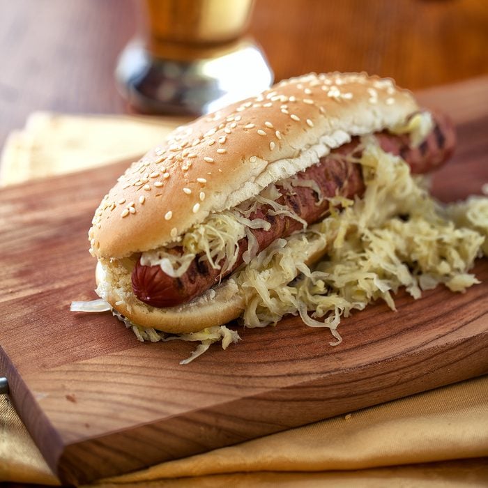 Sandwich with sausage and sauerkraut