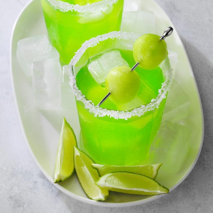 A homemade melon margarita served on the rocks.