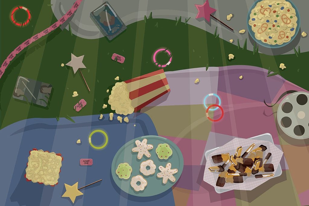 Illustration of popcorn and other treats spread upon scattered blankets on the grass. It is a night scene with light from a unseen movie projector over the whole image