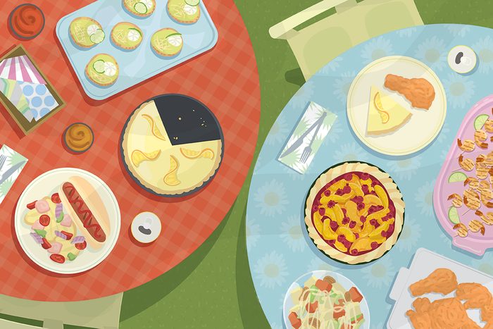 Illustration of assorted foods on two circular tables, one red and one blue