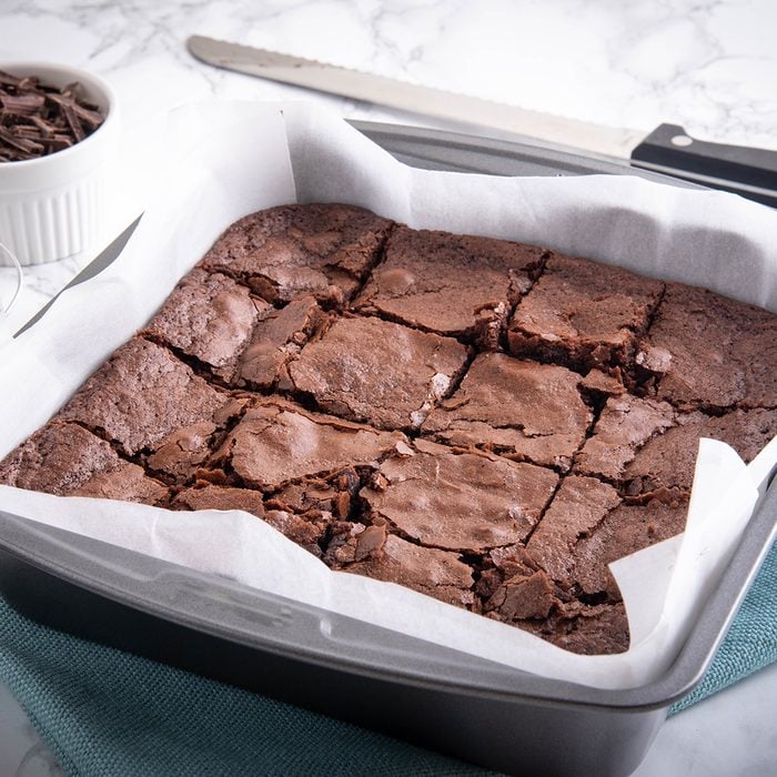 chocolate brownie in steel pan