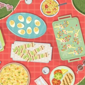 Illustration of assorted lighter foods on a red gingham cloth laid upon the grass