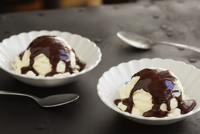 Two Scoops of Vanilla Ice Cream Topped with Hot Fudge Sauce