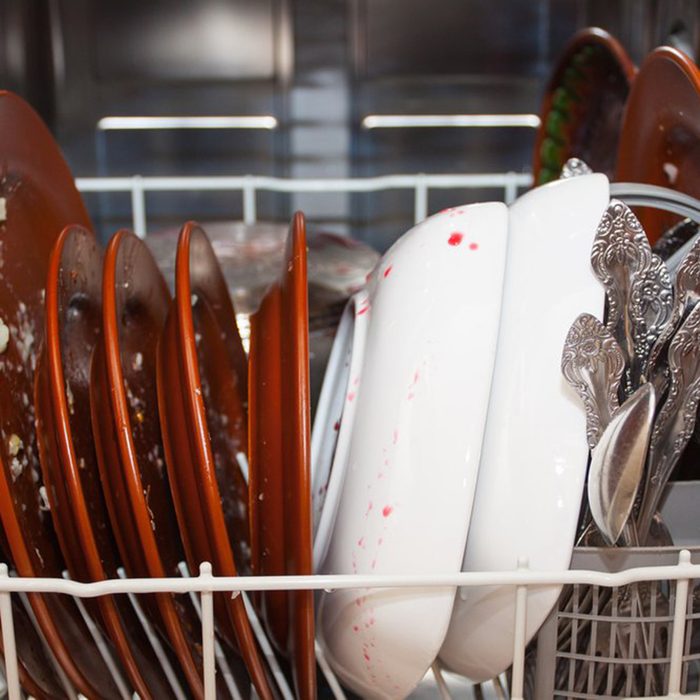 Dirty dishes in a dishwasher
