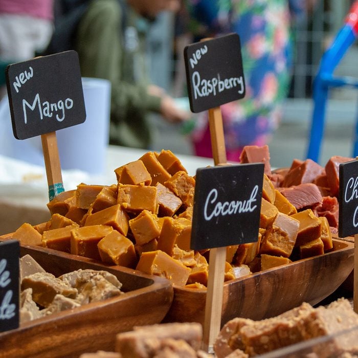 Traditional British Fudge on sale at a confectionary stall in London's Borough Market, UK