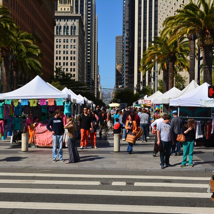 People shopping at the Ferry Plaza farmer's market in downtown San Francisco, California