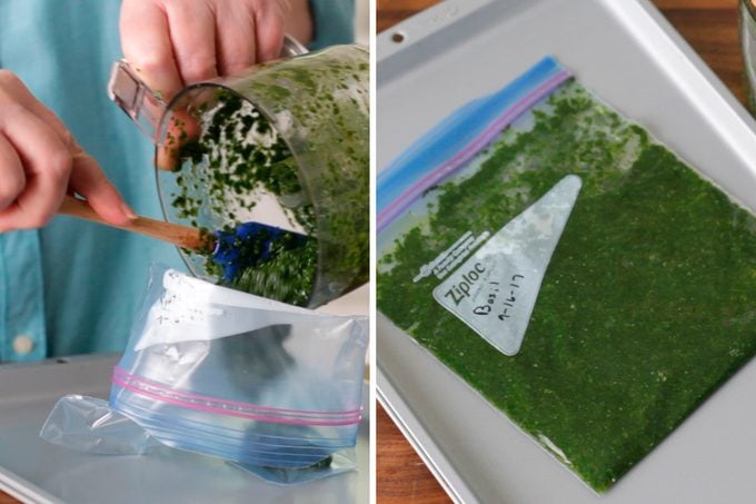 Shifting herb mixture into ziplock to store
