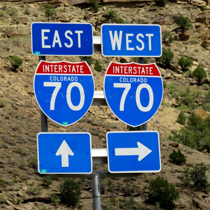 August 9, 2017 Interstate Highway 70 sign while driving from one National Park to the other