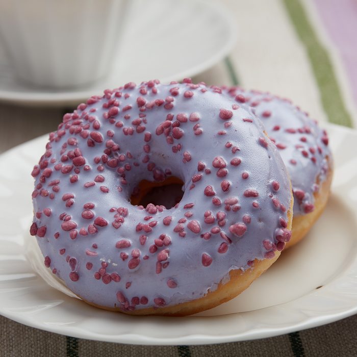 Two lavender donuts closeup