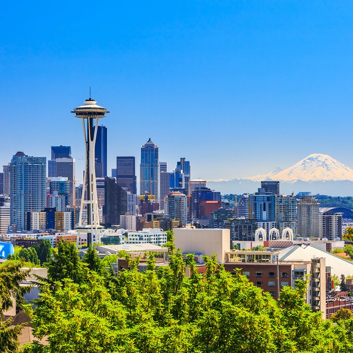 Seattle downtown skyline and Mt. Rainier, Washington.