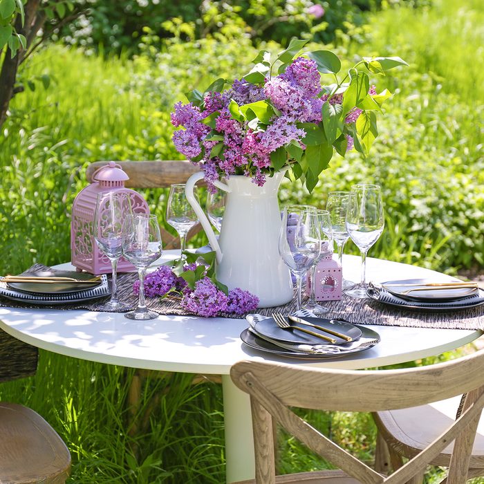 Beautiful table setting with lilac flowers decoration outdoors
