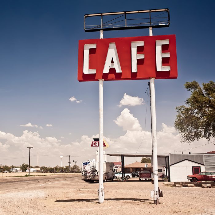 Cafe sign along historic Route 66 in Texas.