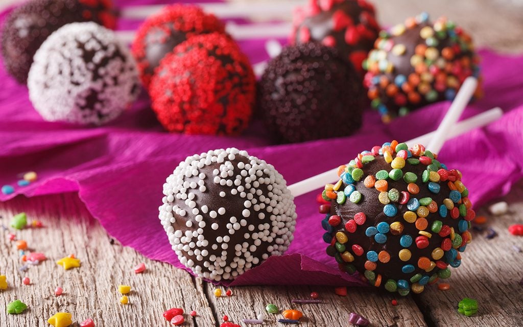 chocolate cake pops with candy sprinkles