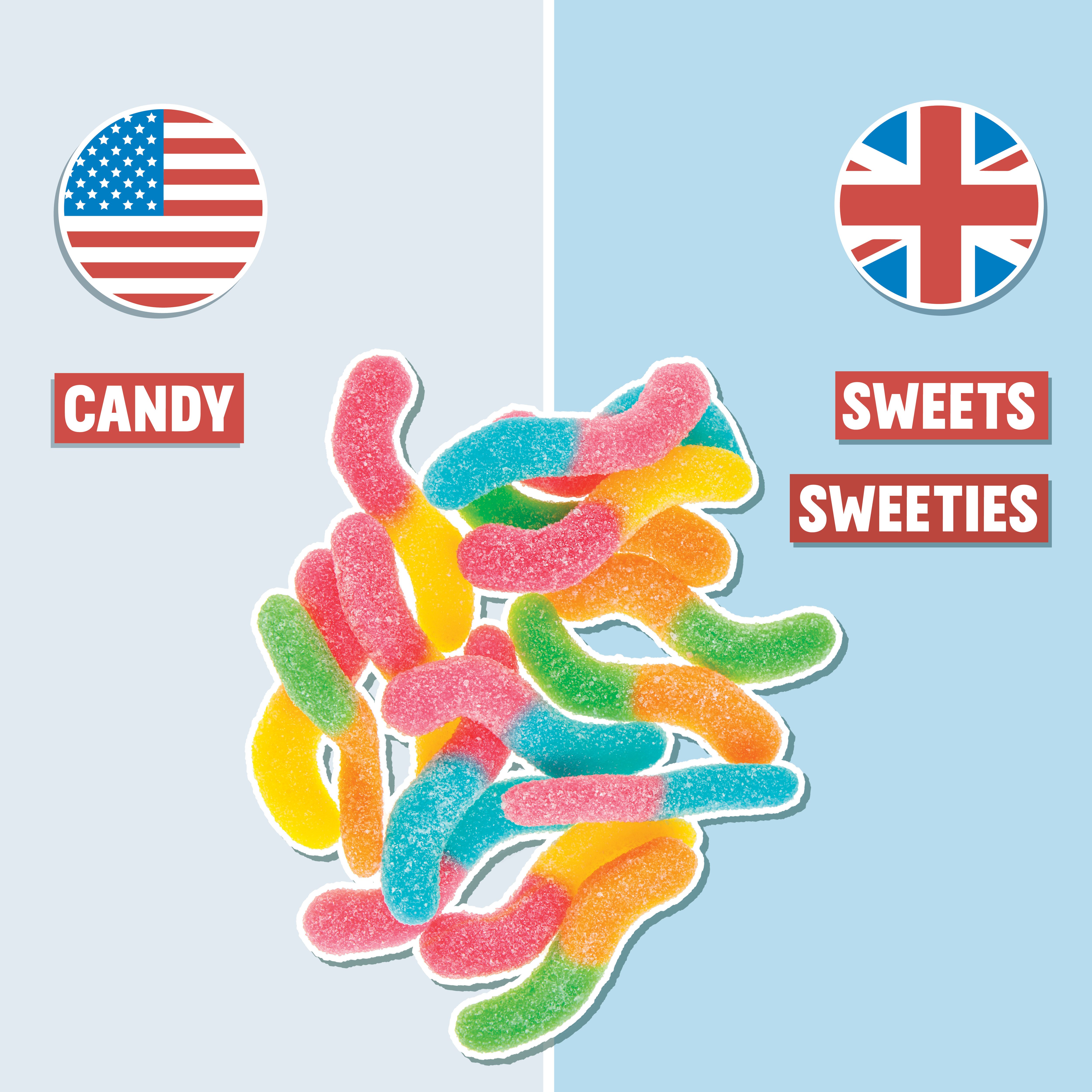 gummy worms on blue background with american and british english pronunciation on either side